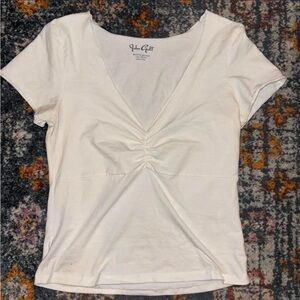 Brandy Melville Cream V-Neck Short Sleeve Ruched Bust Tee
